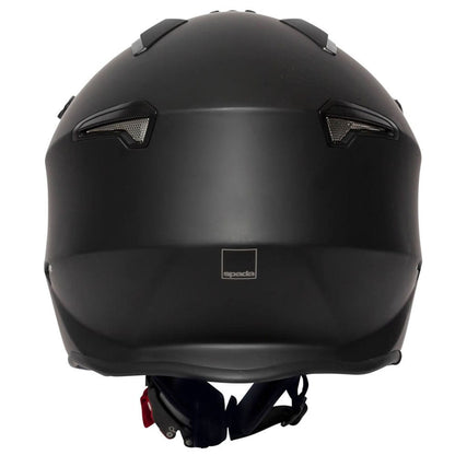 back of black open face motorcycle helmet with drop down visor