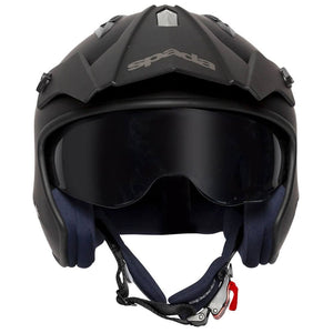 front of black open face motorbike helmet with drop down visor