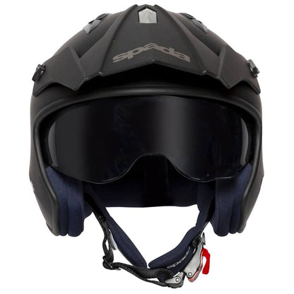 front of black open face motorcycle helmet with drop down visor