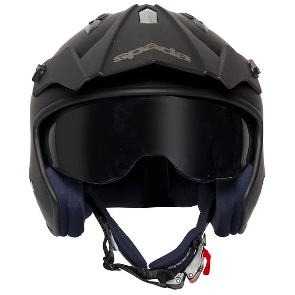 front of black open face motorbike helmet with drop down visor