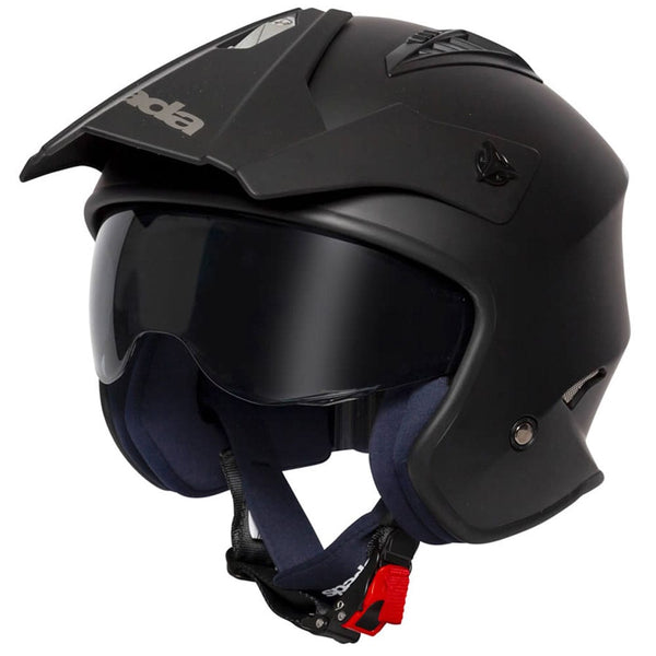 side view of black motorbike helmet with drop down visor