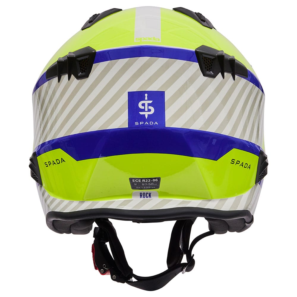 back of blue and green fluorescent open face motorcycle helmet