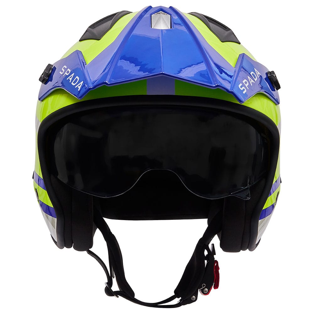 front of blue and green fluorescent open face motorcycle helmet with anti scratch visor