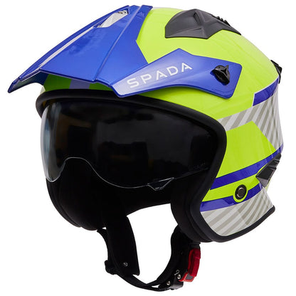 side view of blue and green fluorescent open face motorcycle helmet