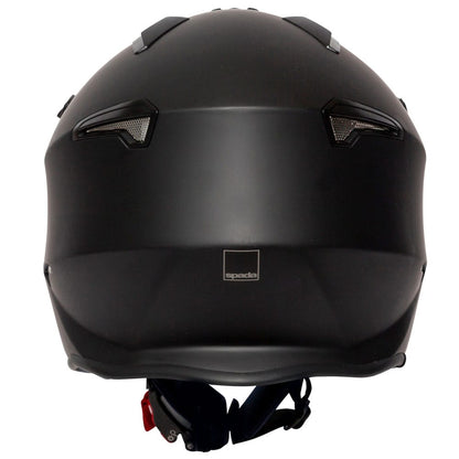 back of matte black open face motorcycle helmet with drop down visor