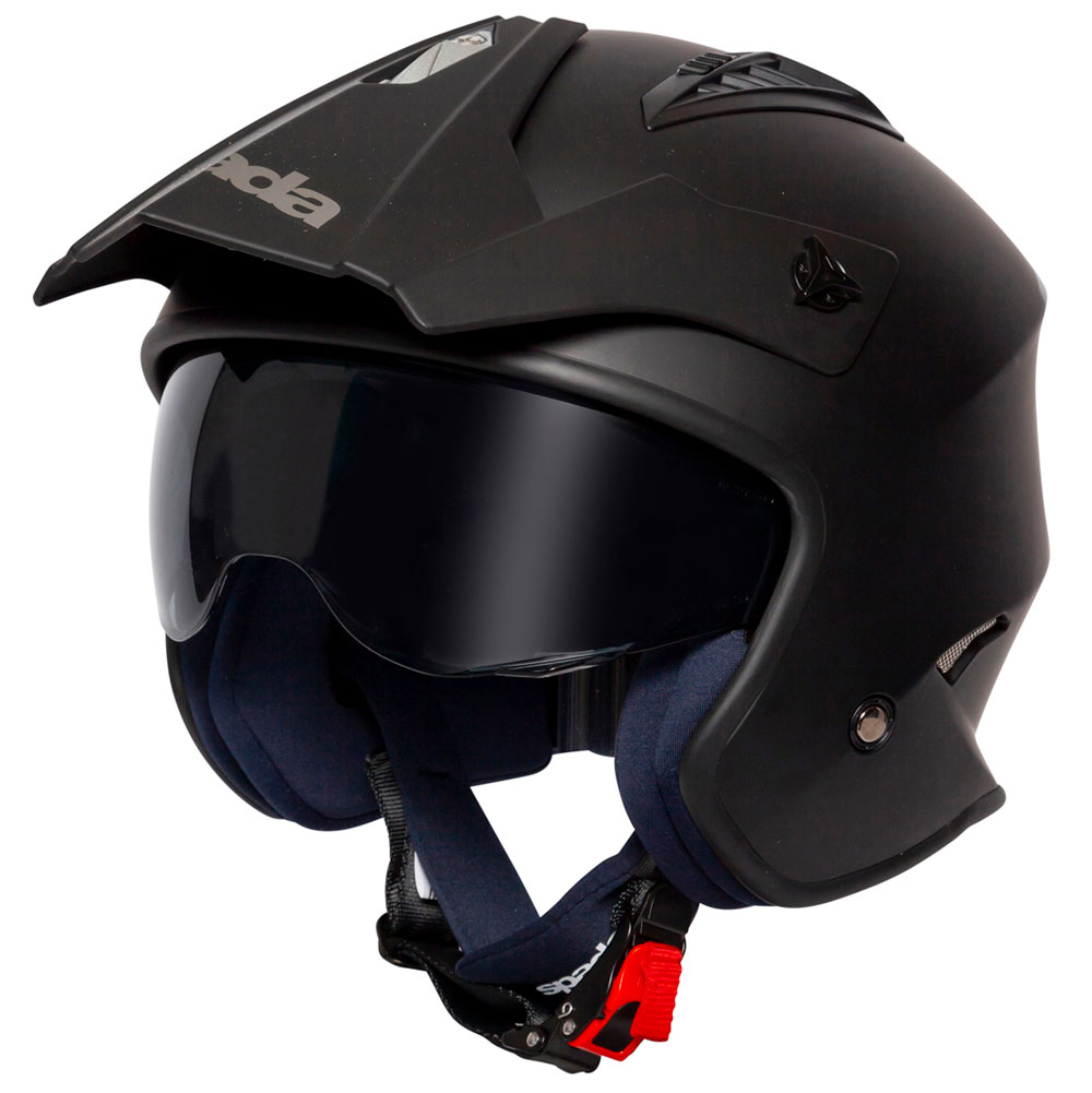 side view of matte black open face motorcycle helmet with drop down visor