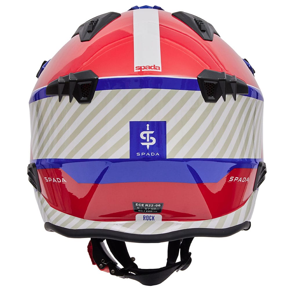 back of blue red and white open face motorcycle helmet with anti scratch visor