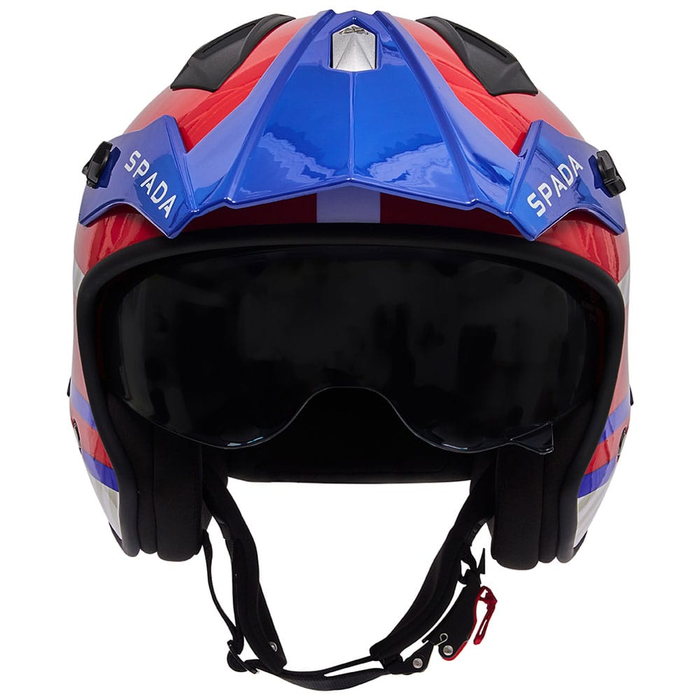 front of blue red and white open face motorcycle helmet with anti scratch visor