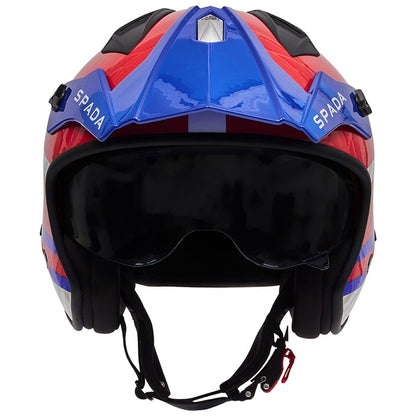 front of blue red and white open face motorcycle helmet with anti scratch visor