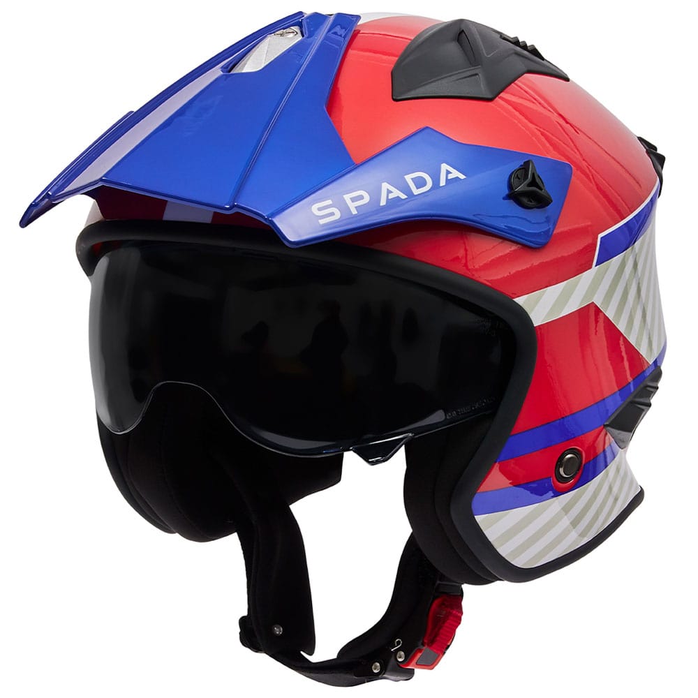 side view of blue red and white open face motorcycle helmet with anti scratch visor