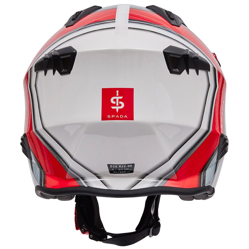 back of red and grey open face motorcycle helmet with anti scratch visor