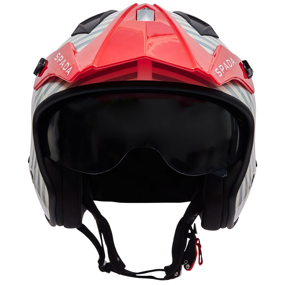 front of red and grey open face motorcycle helmet with anti scratch visor