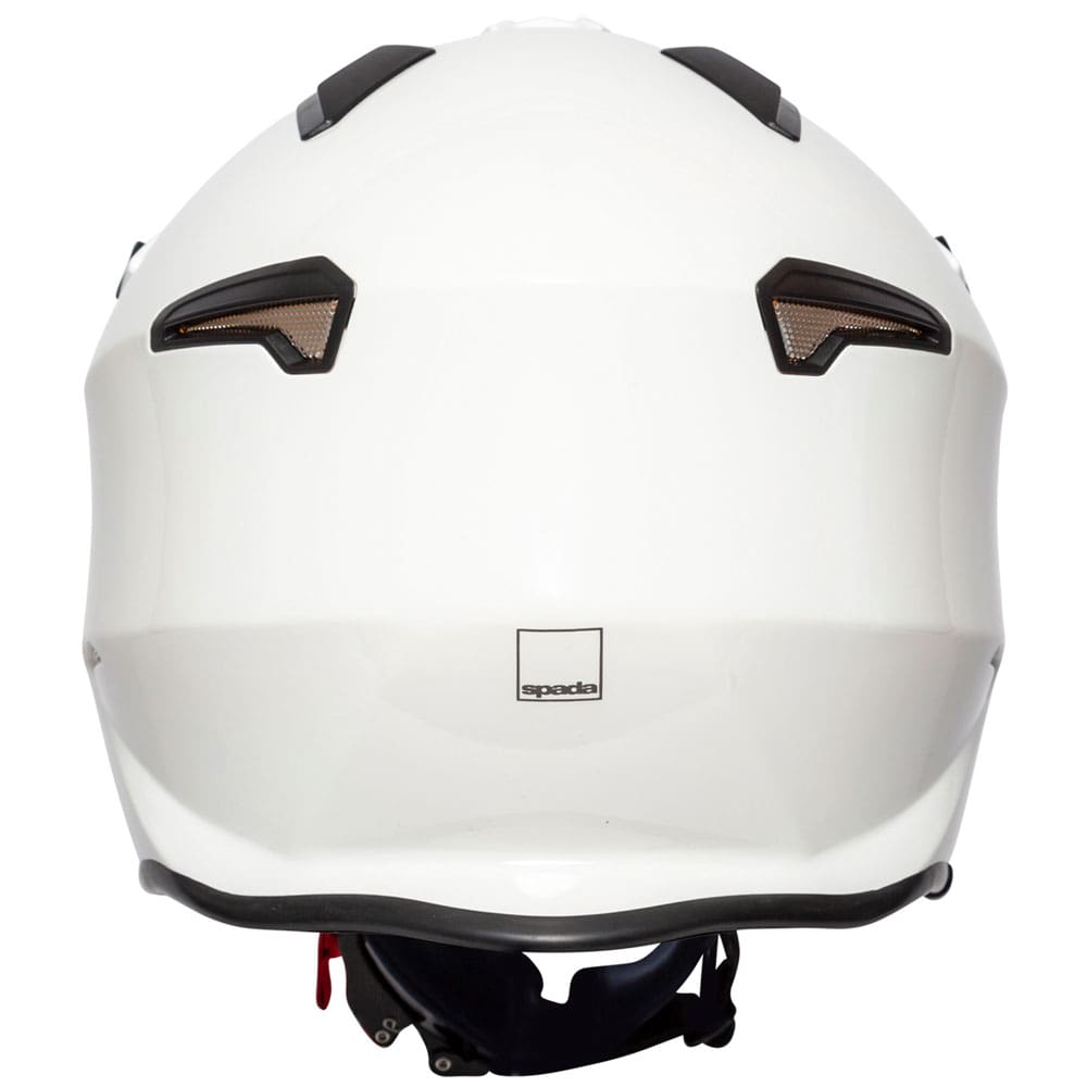 back of white open face motorcycle helmet with drop down visor