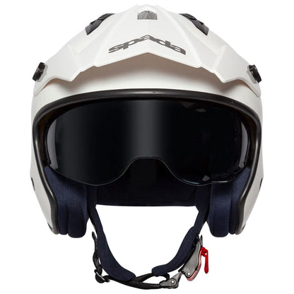 front of white open face motorcycle helmet with drop down visor