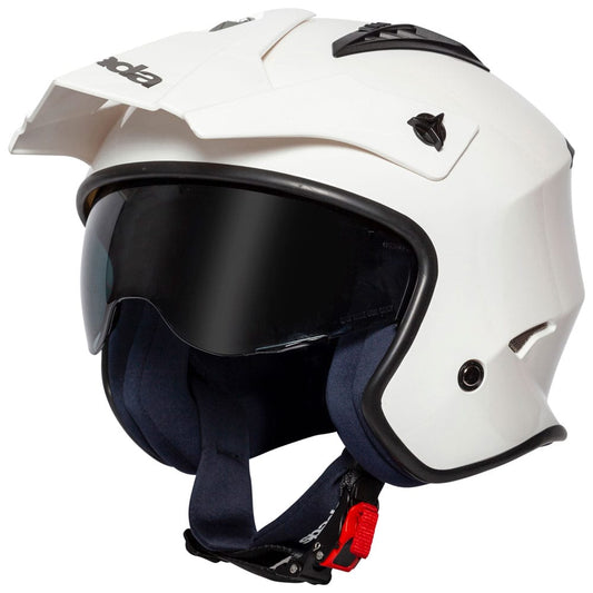 side view of white open face motorcycle helmet with drop down visor