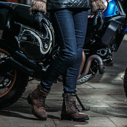womens blue motorcycle jeans with brown womens boots