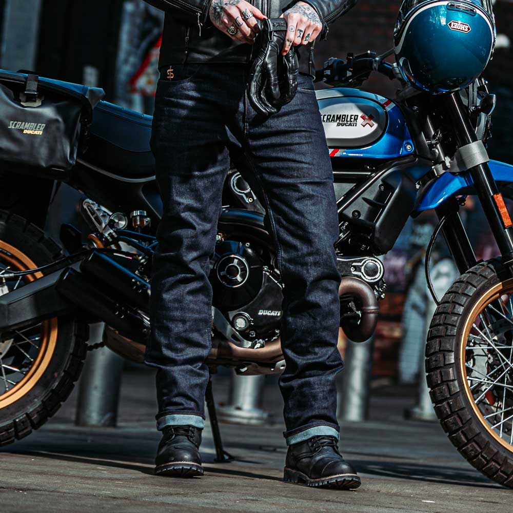 mens motorbike jeans with motorbike hear and motorbike