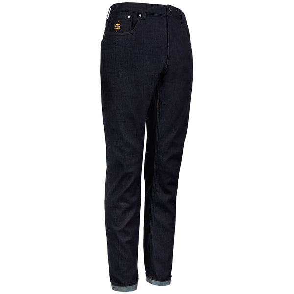 Side view of men’s blue indigo raw denim jeans showing clean silhouette and traditional denim styling.