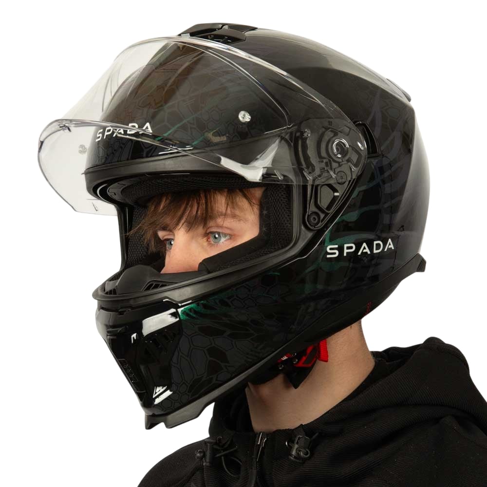 side view of black motorcycle helmet for men with green detailing