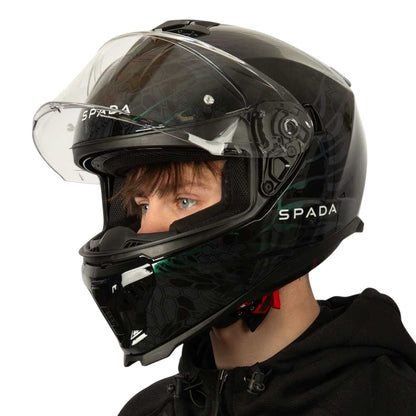 side view of black motorcycle helmet for men with green detailing