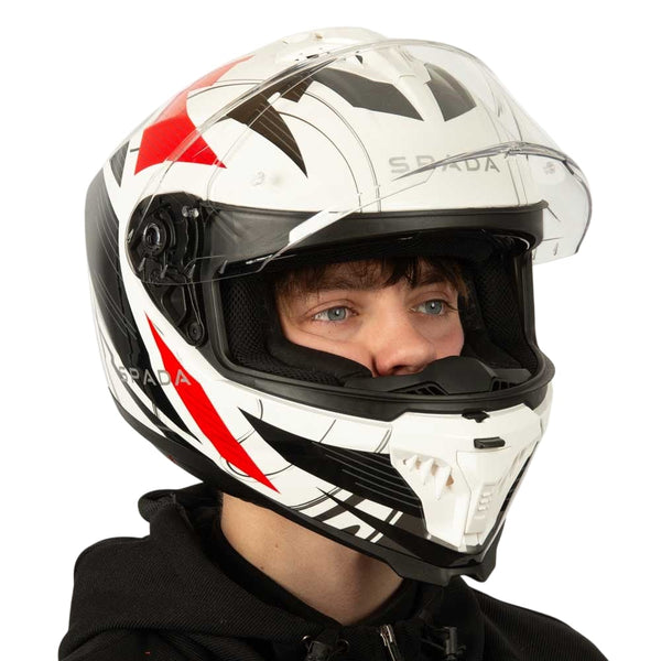 side of black and white motorbike helmet with red details