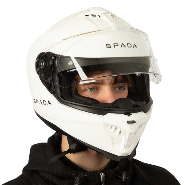 biker wearing white motorbike helmet for men