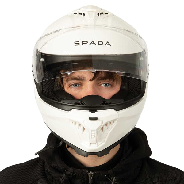 front view of white spada motorbike helmet with clear visor