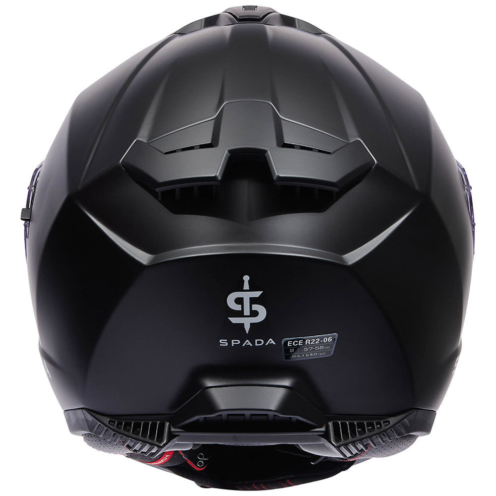 back of matte black full face motorcycle helmet with drop down visor