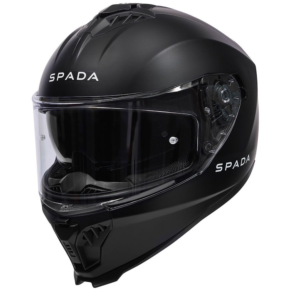 side view of matte black full face motorcycle helmet with drop down visor