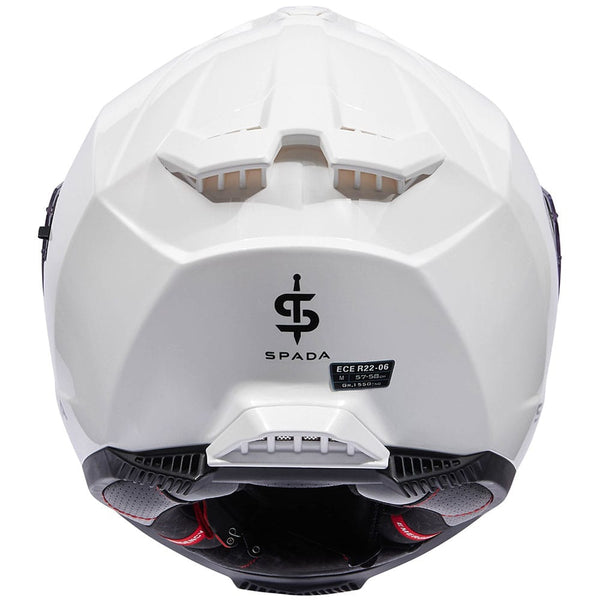 back of white full face motorbike helmet with scratch resistant visor