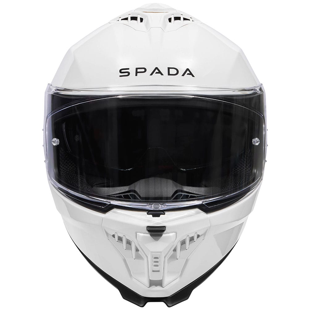 front of white full face motorcycle helmet with scratch resistant visor