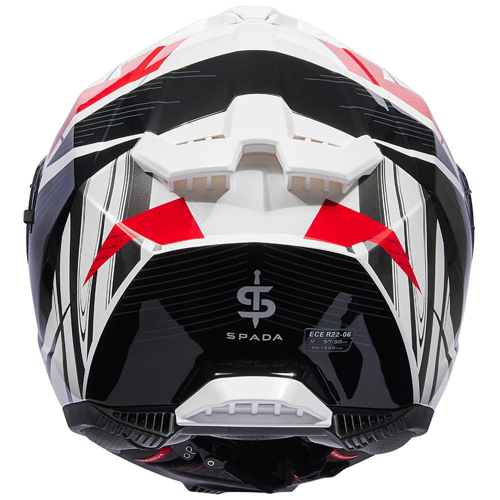 back of white red and black full face motorcycle helmet with drop down visor