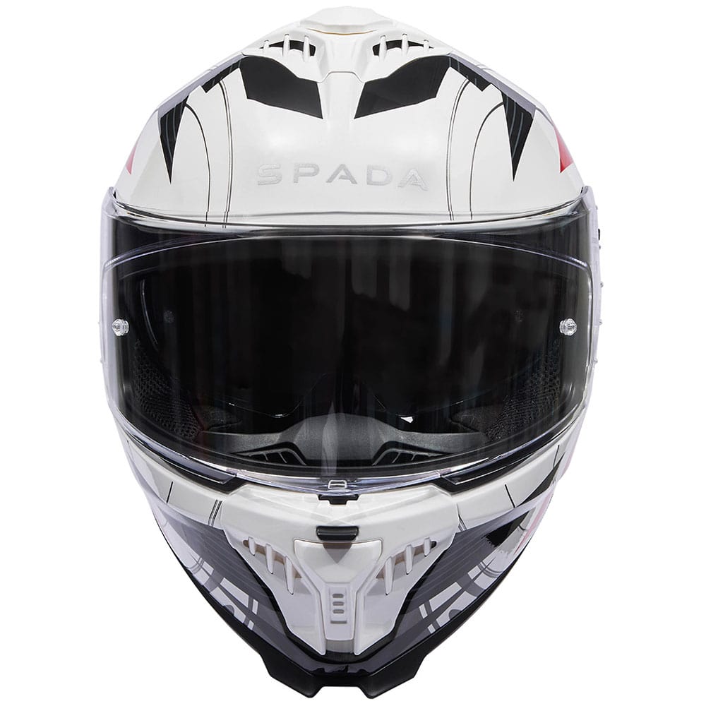 front of white red and black full face motorcycle helmet with drop down visor