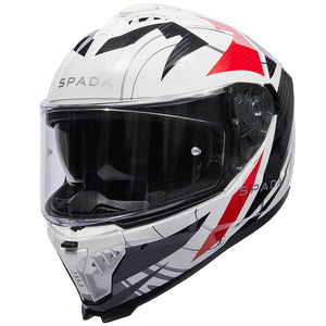 side view of white red and black full face motorbike helmet with drop down visor