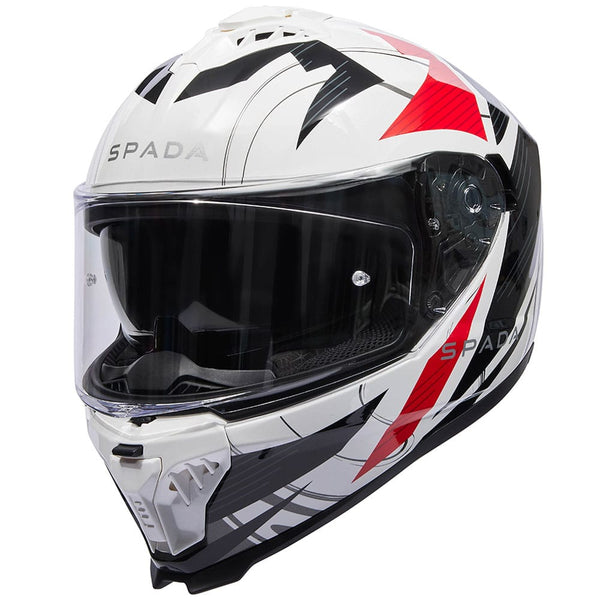 side view of white red and black full face motorbike helmet with drop down visor