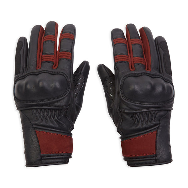 pair of red and black leather motorcycle gloves for women