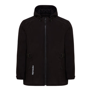 Front view of black ladies motorbike jacket with hood – waterproof design tailored for womens comfort and biker style