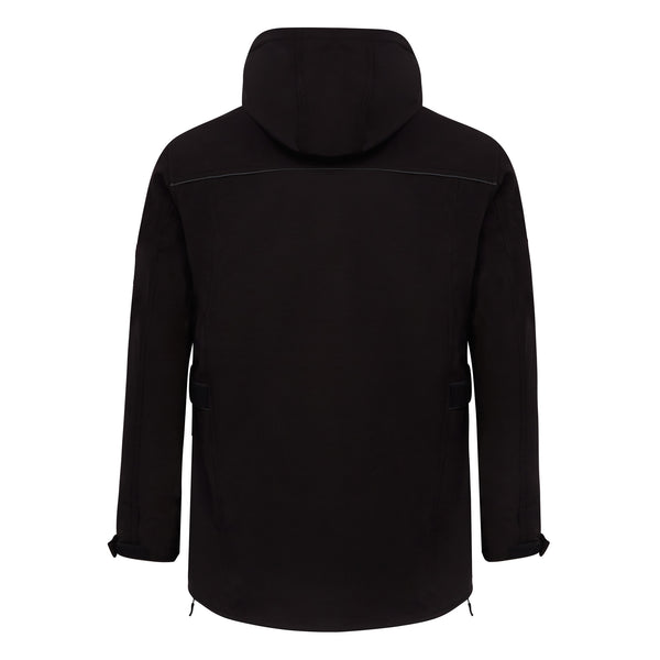 Back of sleek black womens motorcycle jacket featuring adjustable waist and hip fit with waterproof protection for female riders