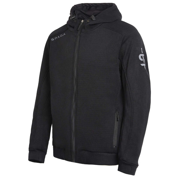 Side profile of Blade Black motorbike hoodie with ergonomic zip-up fit and biker styling for men and women
