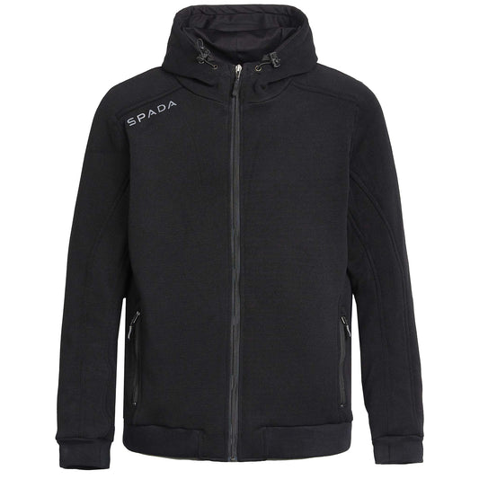 Black zip-up unisex motorcycle hoodie with a hood, featuring ribbed cuffs and hem, and a front kangaroo pocket. The brand 'SPADA' is visible on the chest.