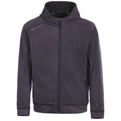 A grey motorcycle hoodie with a zip-up front, hood, and thumb loops, featuring ribbed cuffs and hem.