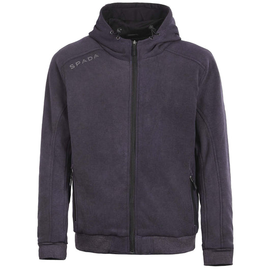 A grey motorcycle hoodie with a zip-up front, hood, and thumb loops, featuring ribbed cuffs and hem.