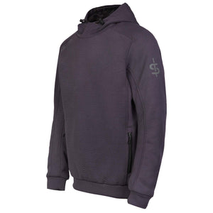 Side profile of Blade Grey motorbike hoodie showing ergonomic cut, stretch fabric, and armour-ready zones for men and women riders