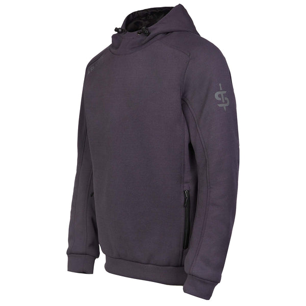 Side profile of Blade Grey motorbike hoodie showing ergonomic cut, stretch fabric, and armour-ready zones for men and women riders