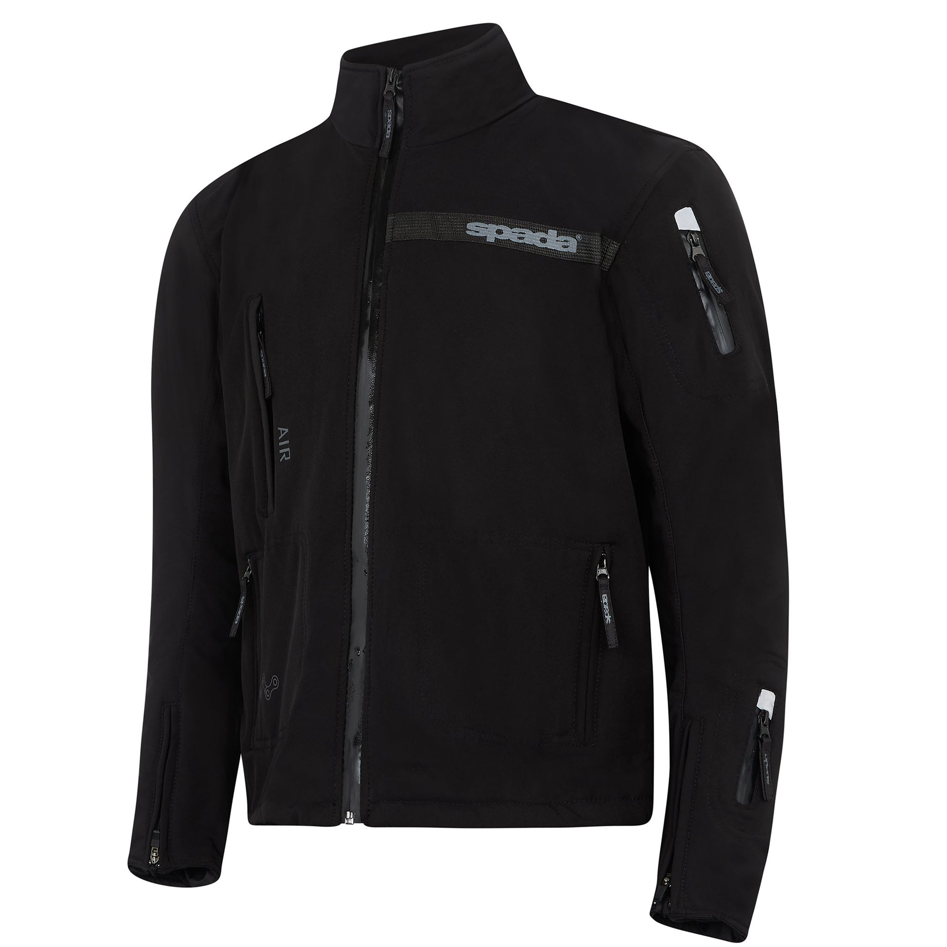 side view Commute Black Motorcycle Jacket front view – waterproof soft shell AA biker jacket with CE armour.