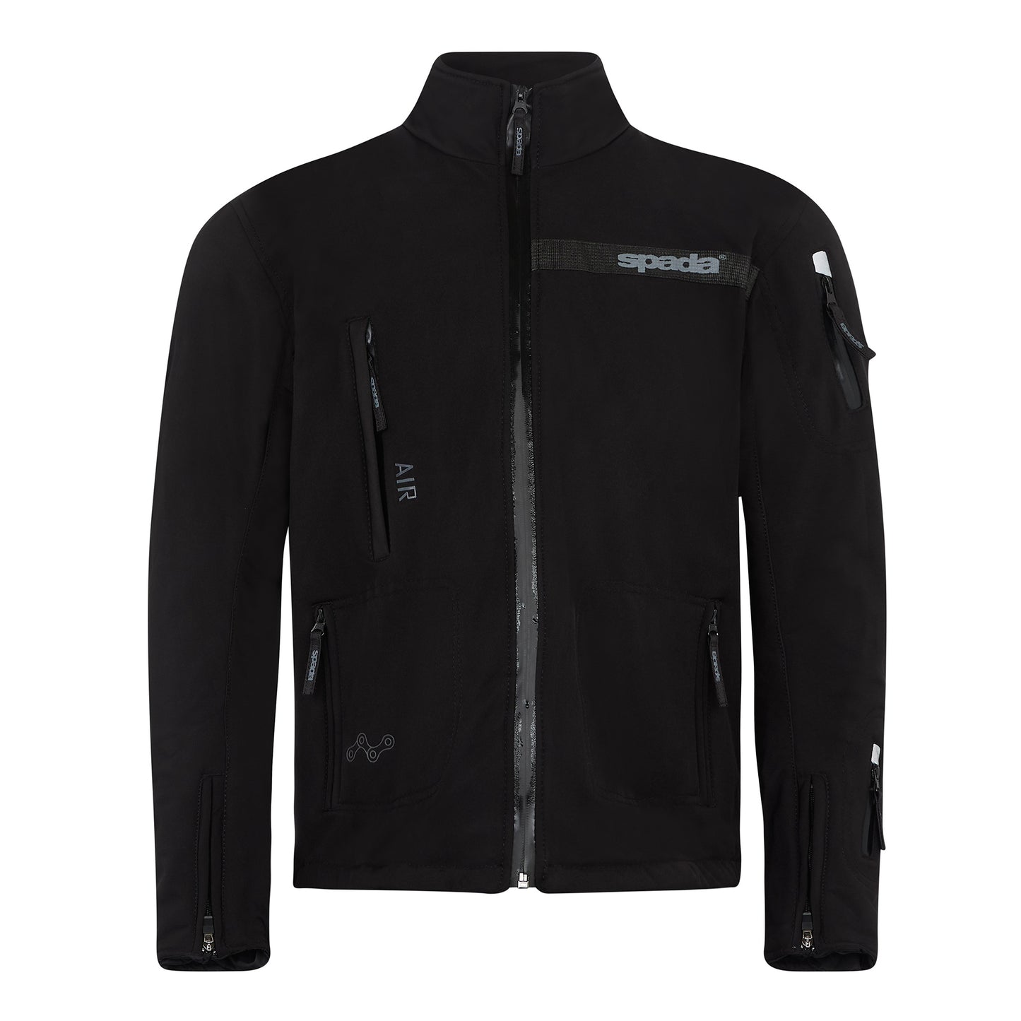 front Commute Black Motorcycle Jacket front view – waterproof soft shell AA biker jacket with CE armour.