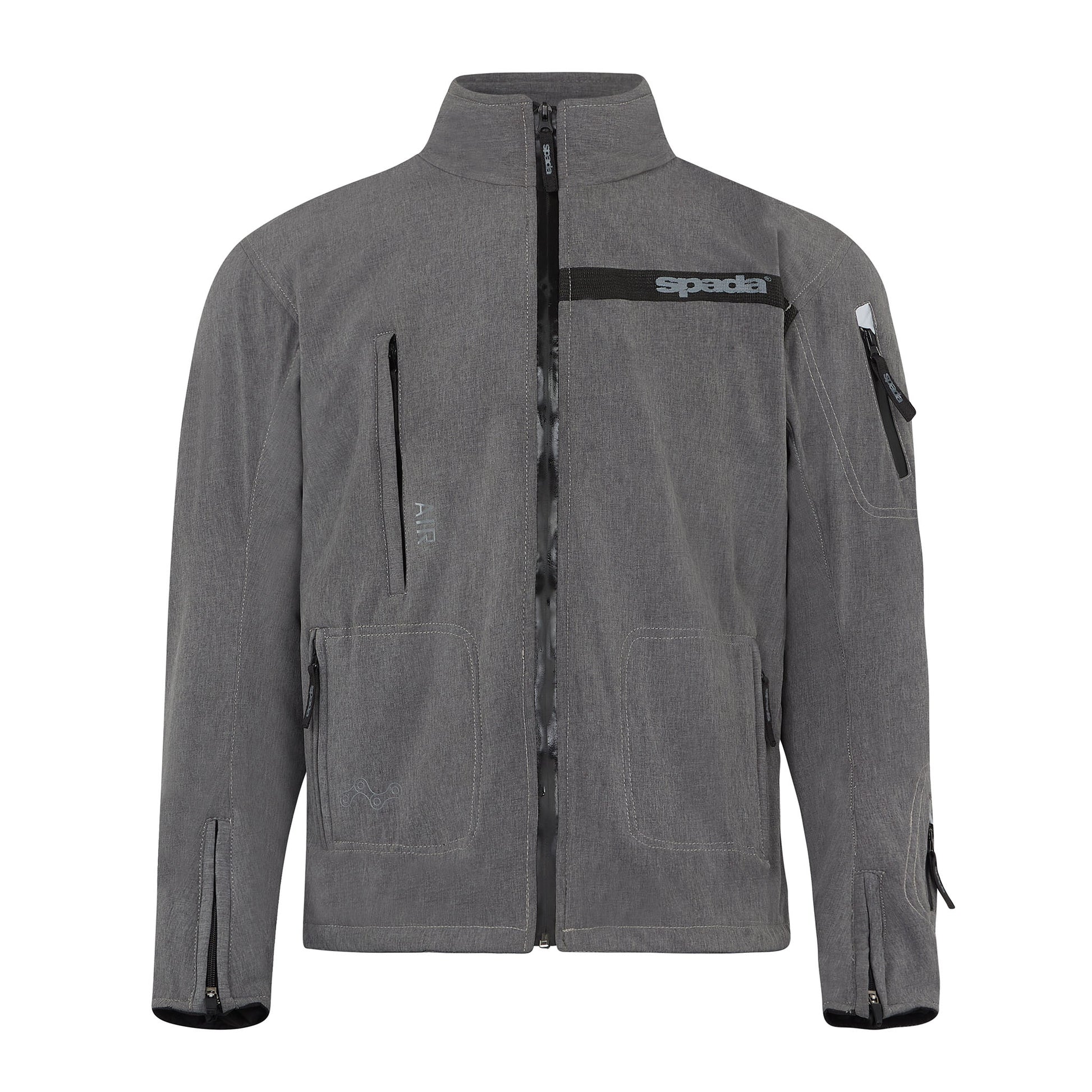 Commute Grey Motorcycle Jacket front view – waterproof soft shell motorbike jacket with CE Level AA rating and integrated protective armour.