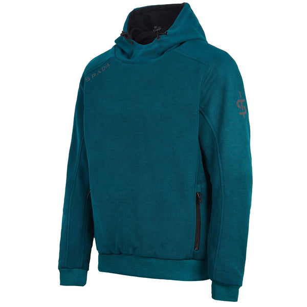 Side profile of Blade Blue pullover motorbike hoodie showing ergonomic fit and durable 4-way stretch fabric for men and women riders