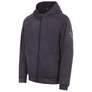 Side profile of Blade Grey motorbike zip hoodie showing ergonomic fit, fleece interior, and urban riding design