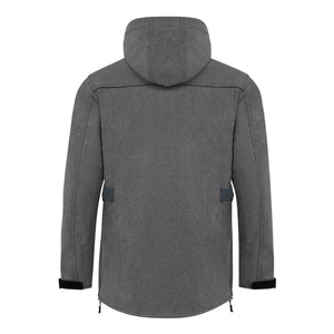 Back of a sleek grey womens motorbike jacket with adjustable waist and hips, featuring a waterproof hood for women riders